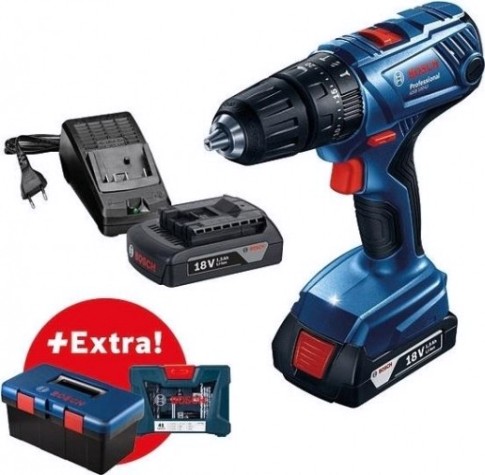 Аккумуляторная дрель-шуруповерт BOSCH GSB 180-LI ударная [06019F8302] 2х1,5 Ач, набор оснастки (41 шт)