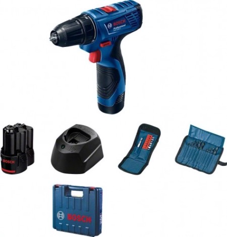 Аккумуляторная дрель-шуруповерт BOSCH GSR 120-LI [06019F7004] 2х1,5 Ач, набор сверл (11 шт), набор бит (11 шт)