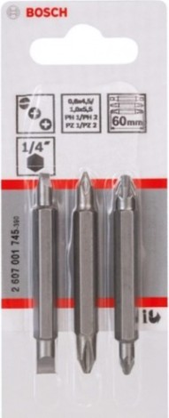 Бита для заворачивания двусторон. BOSCH PH1, PZ1, S 0,6x4,5; PH2, PZ2, мм (уп.3шт) [2607001745]