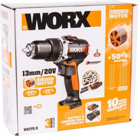 Дрель-шуруповерт аккумуляторная Worx WX175.9 без АКБ и ЗУ бесщеточная [WX175.9]