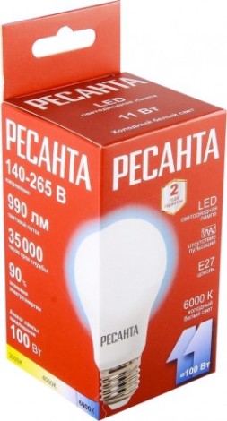 Лампа светодиодная Ресанта LL-R-A60-11W-230-6K-E27 (груша, 11вт, холод., е27) [76/1/74]