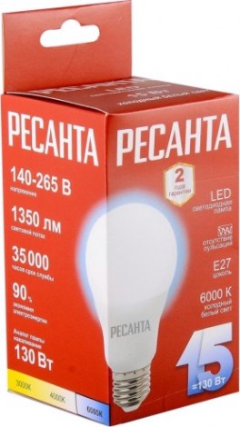 Лампа светодиодная Ресанта LL-R-A65-15W-230-6K-E27 (груша, 15вт, холод., е27) [76/1/75]