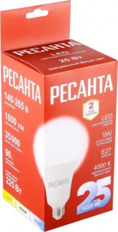 Лампа светодиодная Ресанта LL-R-A95-25W-230-4K-E27 (груша, 25вт, нейтр., е27) [76/1/77]