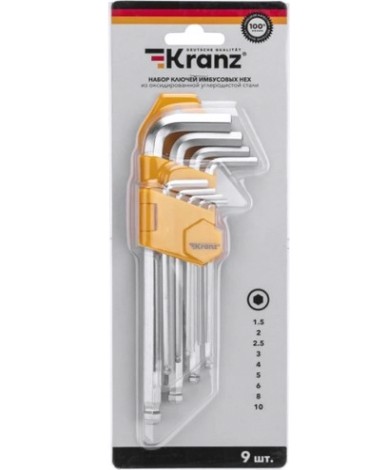 Набор ключей шестигранных Kranz KR-12-5211 HEX 1,5-10 мм, CrV, 9 шт., удлиненные, с шаром Набор ключей шестигранных Kranz KR-12-5211 HEX 1,5-10 мм, CrV, 9 шт., удлиненные, с шаром