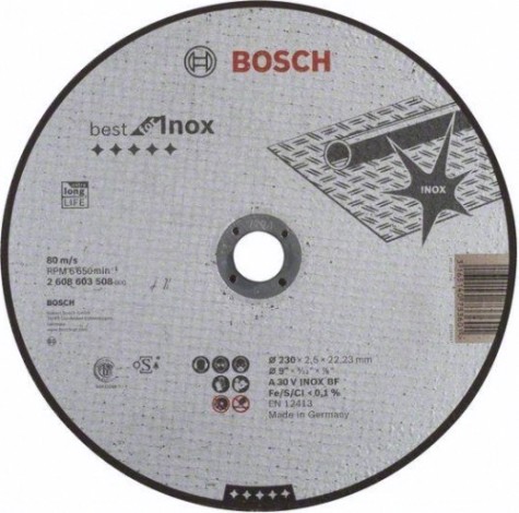 Отрезной круг по нержавеющей стали BOSCH 230х2,5х22 мм A 30 V INOX BF Best for Inox [2608603508]