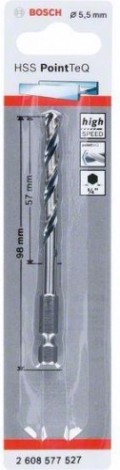 Сверло по металлу BOSCH 5,5 х 57/98 мм, HSS PointTeQ с шестигранным хвостовиком [2608577527]