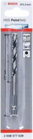 Сверло по металлу BOSCH 6,5 х 63/107 мм, HSS PointTeQ с шестигранным хвостовиком [2608577529]