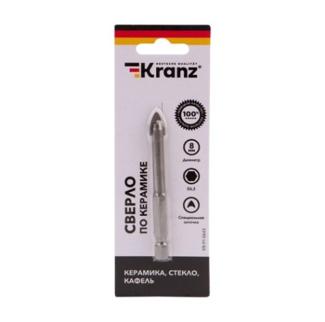 Сверло по стеклу и керамике Kranz KR-91-0643 8 мм, 2 грани Сверло по стеклу и керамике Kranz KR-91-0643 8 мм, 2 грани