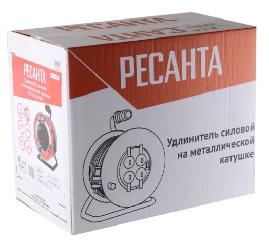 Удлинитель на катушке Ресанта СУ-3х1,5-30/3 силовой, металлич. катушка (с выкл., 4 розетки, ip [61/118/7]